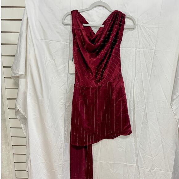 NWT Nonchalant Label Natalie One-Shoulder Drape Minidress Red Metallic Stripes S - Picture 3 of 7